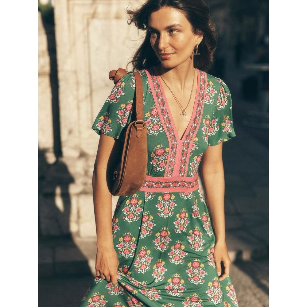 Boden Ellie Flutter Macie Tea Dress Green Floral Pink Trim Pockets Size 10